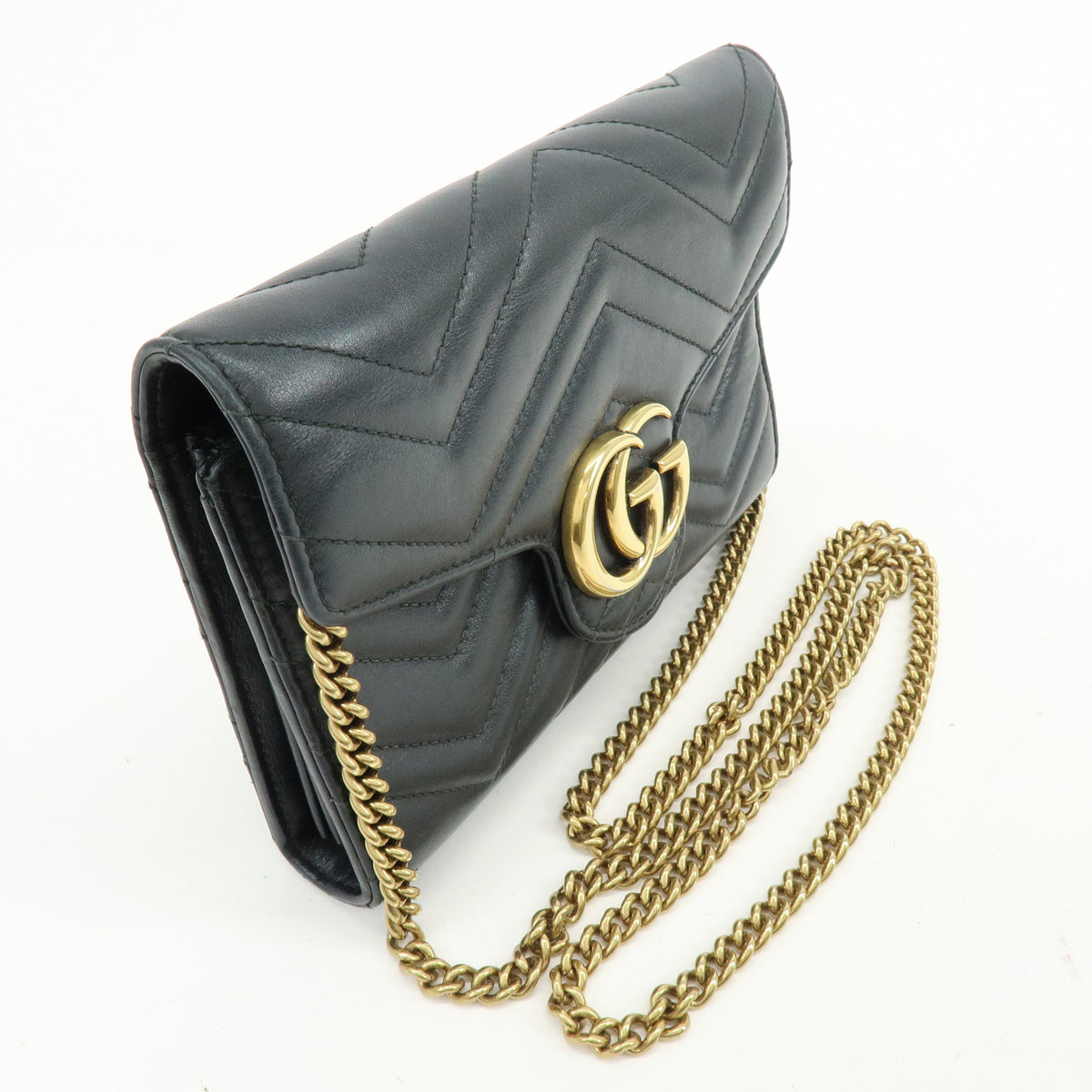 GUCCI GG Marmont Double G Leather Chain Shoulder Bag Black 474575