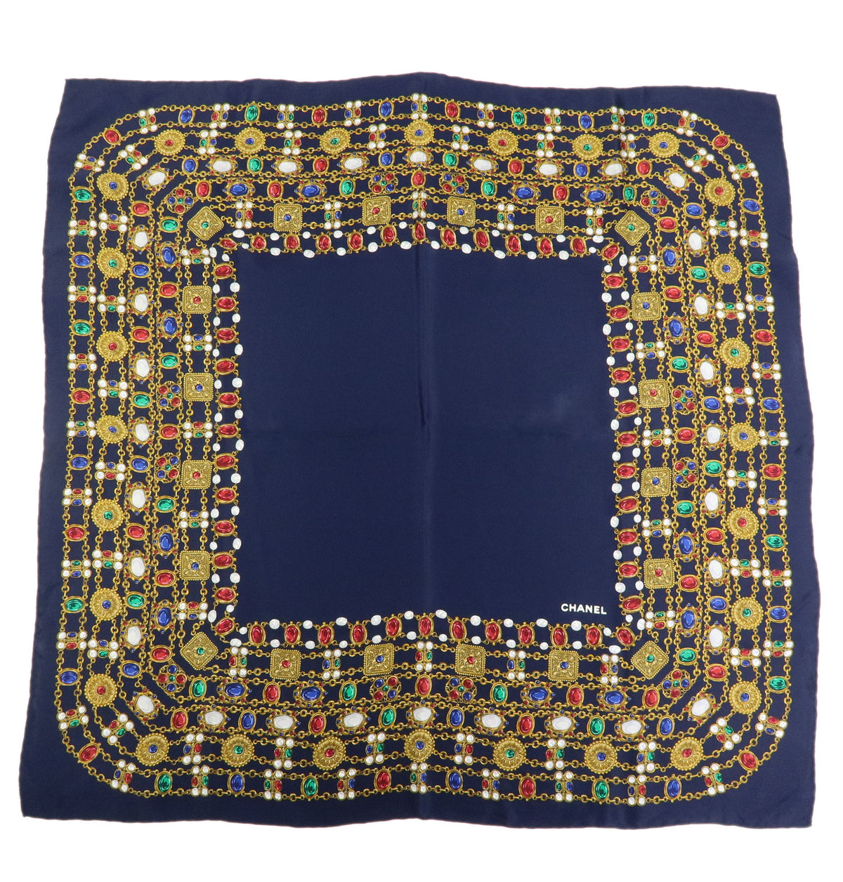 CHANEL Silk 100% Scarf Bijou Chain Print Navy Gold