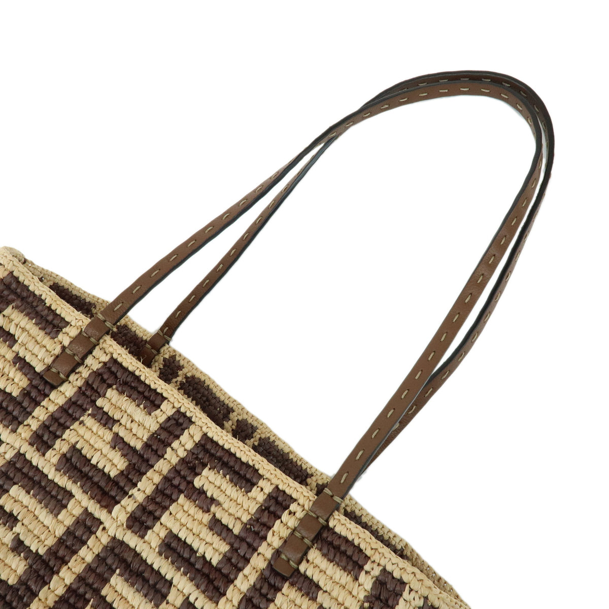 FENDI Zucca Roll Small Raffia Leather Tote Shoulder Bag Brown 8BH424