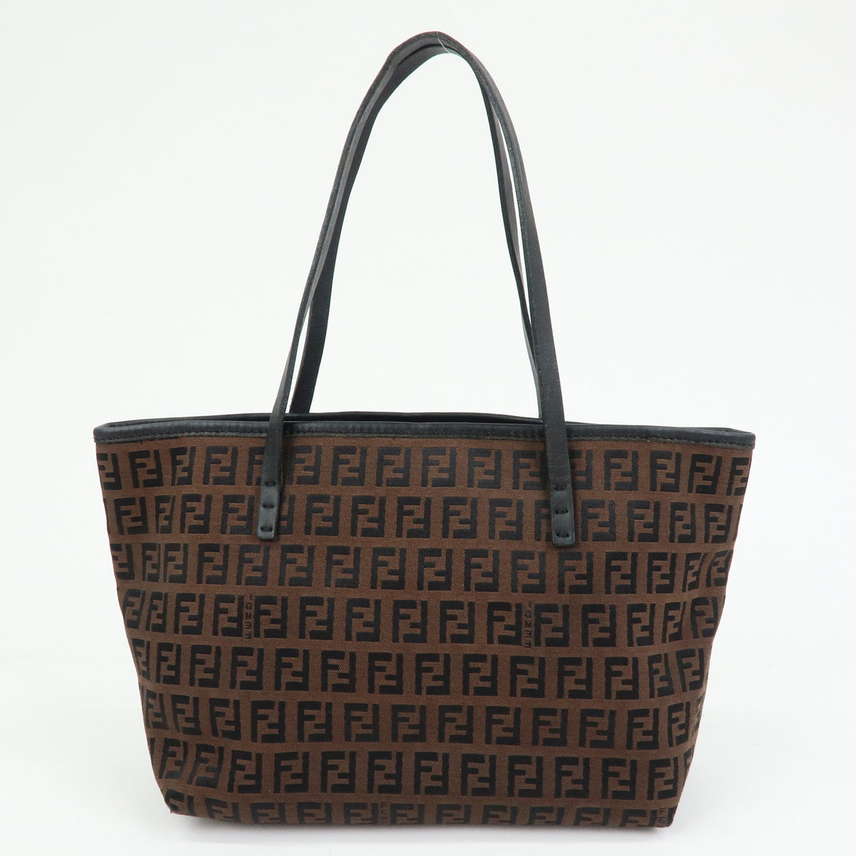FENDI Zucchino Canvas Leather Tote Bag Hand Bag Brown Black 8BH075