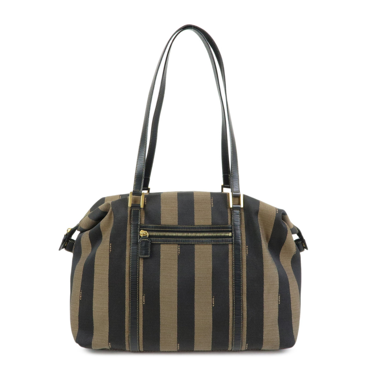 FENDI Pequin Jacquard Canvas Leather Tote Bag Brown Black 26323