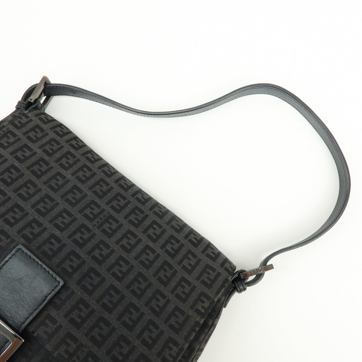 FENDI Mamma Baguette Zucchino Canvas Leather Shoulder Bag Black 8BR001