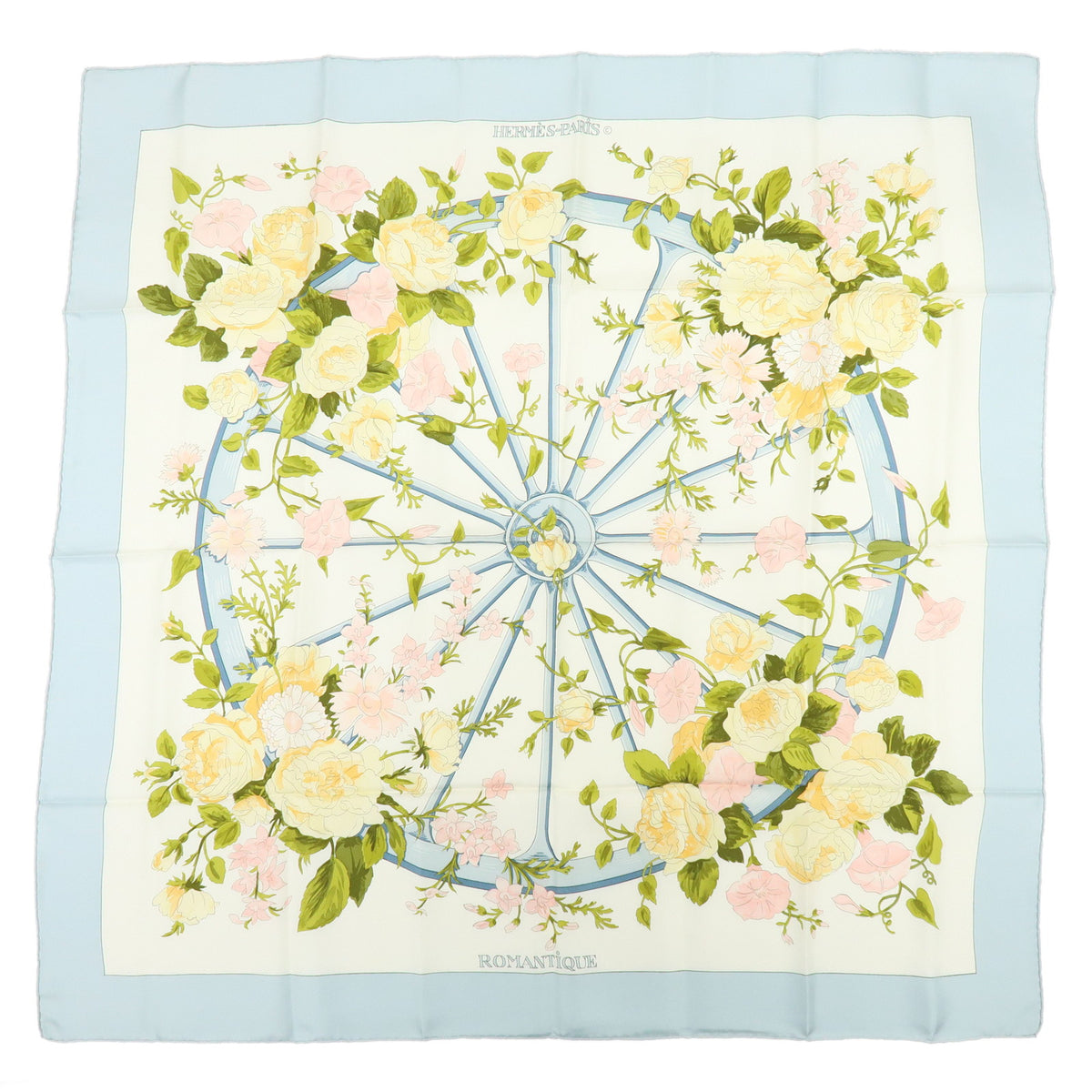 HERMES Carre 90 Silk 100% Scarf ROMANTIQUE Light Blue Light Green Pink
