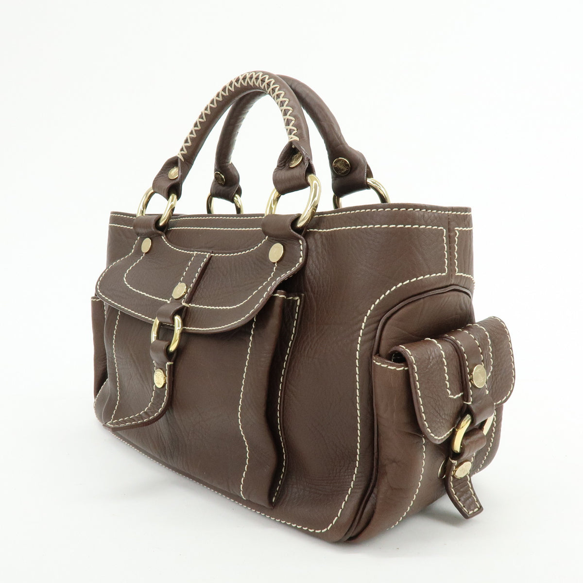CELINE Triomphe Boogie Bag Leather Hand Bag Tote Bag Brown Ivory