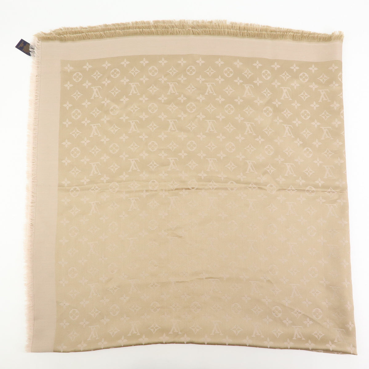 Louis Vuitton Monogram Shine Silk Wool Scarf Shawl Fringe Greige M75121