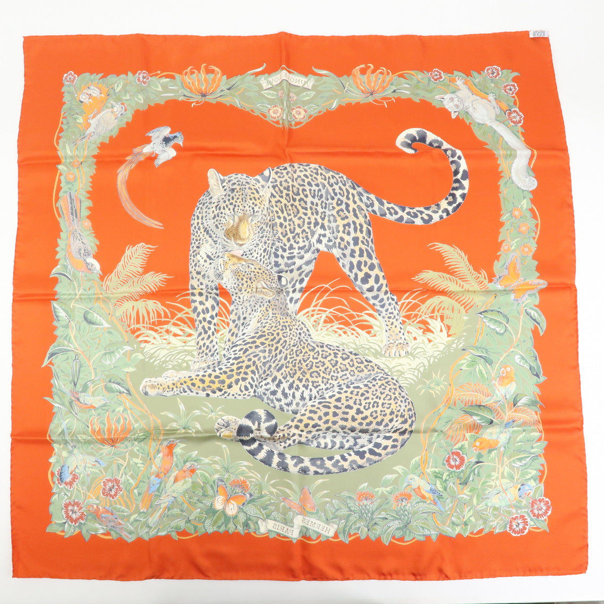 HERMES Carre 90 Silk 100% Scarf JUNGLE LOVE Red Green Ivory
