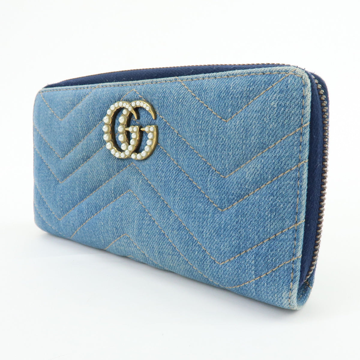 GUCCI GG Marmont Double G Denim Leather Round Zippy Wallet Blue 443123