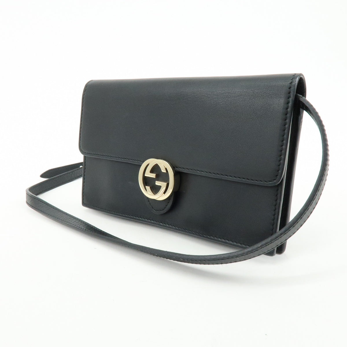 GUCCI Interlocking G Leather Shoulder Bag Crossbody Bag Black 369664