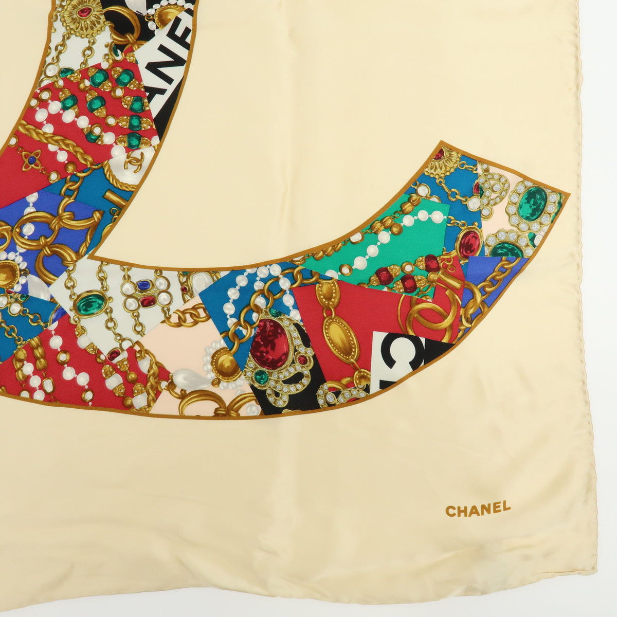 CHANEL COCO Mark Silk 100% Scarf Jewelry Motif Beige Multicolor