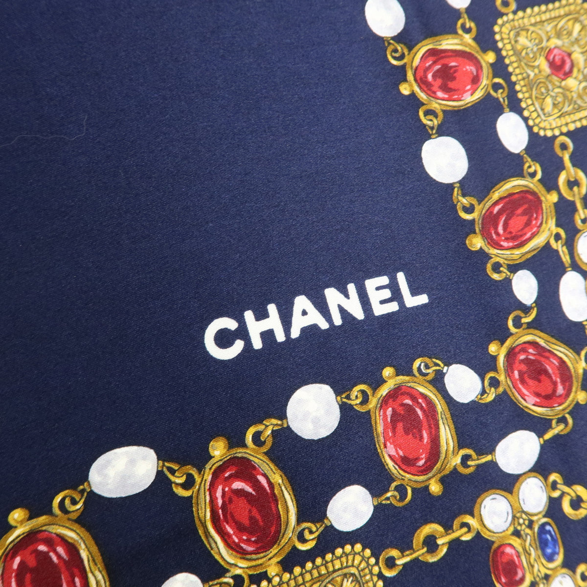 CHANEL Silk 100% Scarf Bijou Chain Print Navy Gold