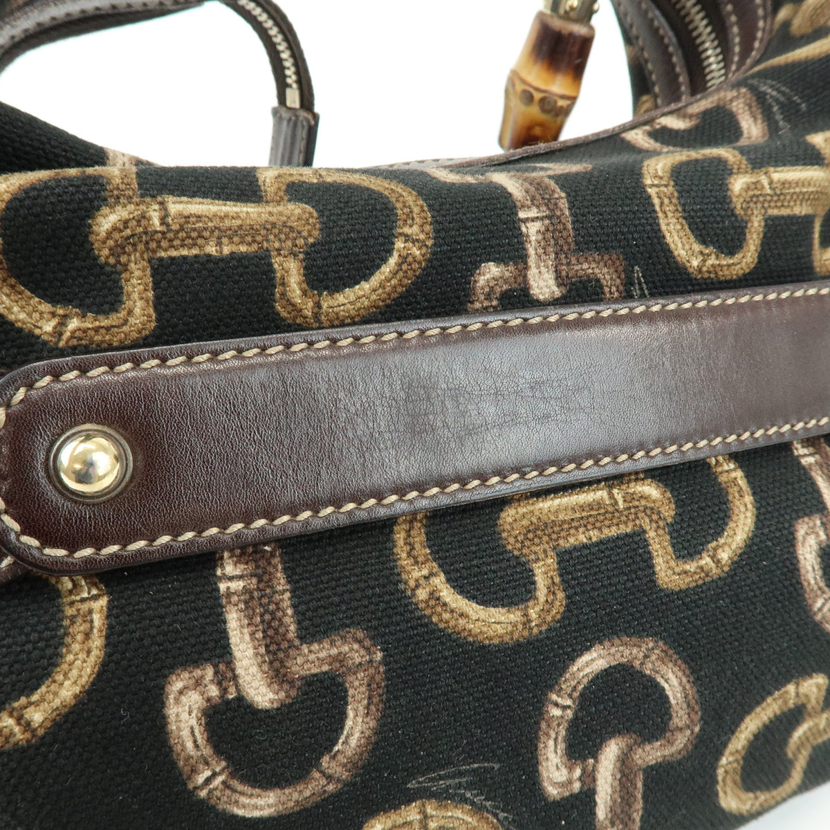GUCCI Bamboo Horsebit Canvas Leather Shoulder Bag Dark Brown 154378