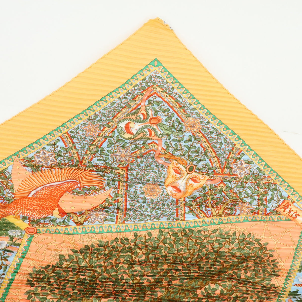 HERMES Pleated Carre Silk 100% Scarf AXIS MUNDI Orange