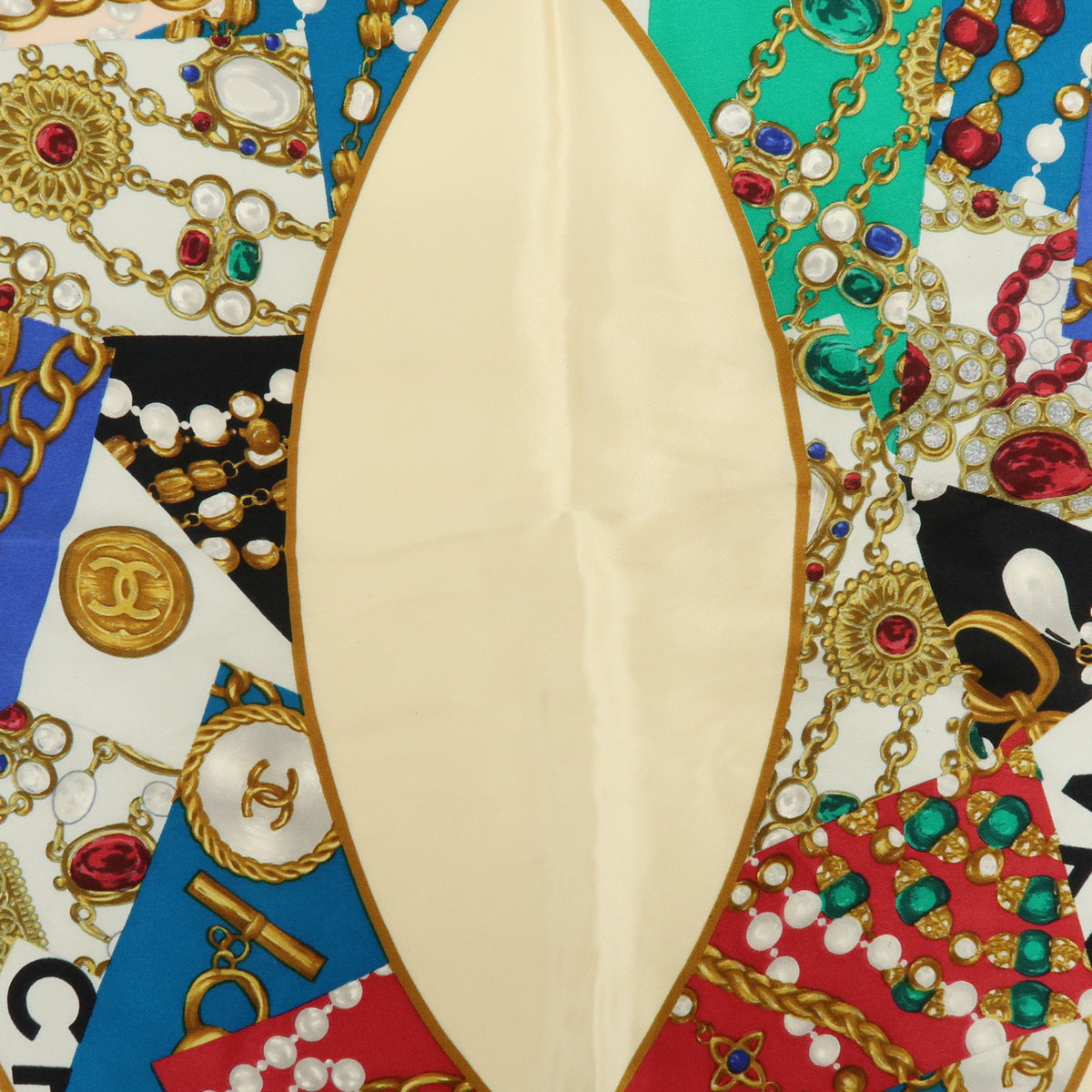 CHANEL COCO Mark Silk 100% Scarf Jewelry Motif Beige Multicolor