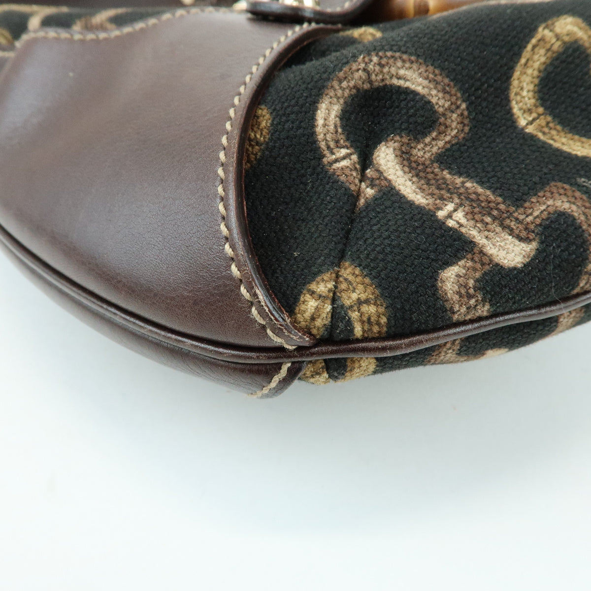 GUCCI Bamboo Horsebit Canvas Leather Shoulder Bag Dark Brown 154378