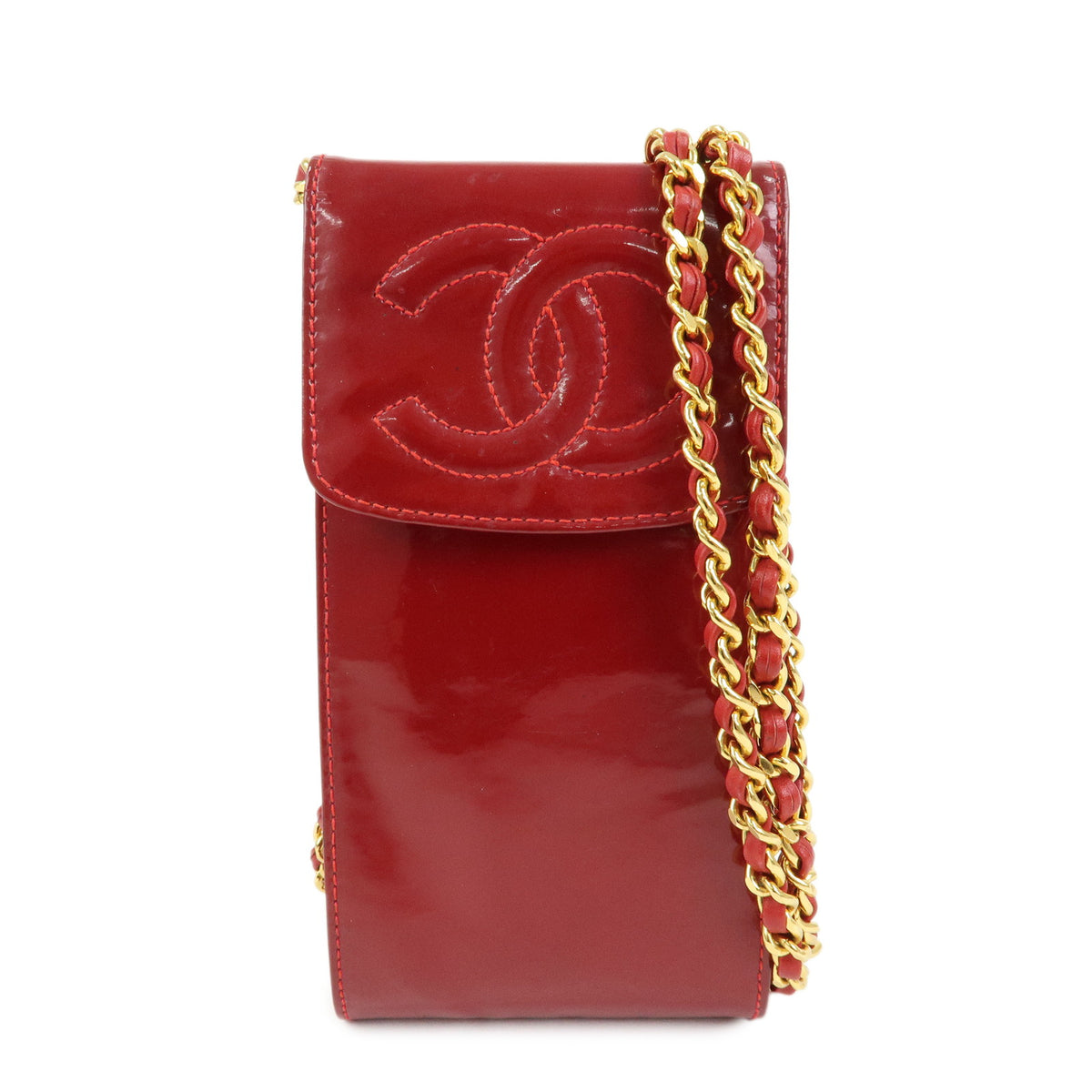 CHANEL COCO Mark Patent Leather Chain Shoulder Bag Phone Case Red Gold
