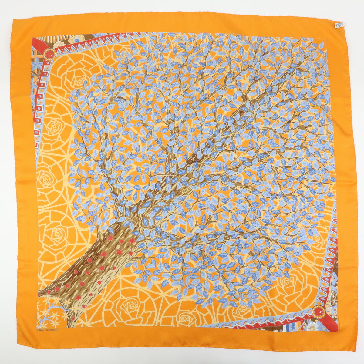 HERMES Carre 90 Silk 100% Scarf AXIS MUNDI Orange Blue Brown