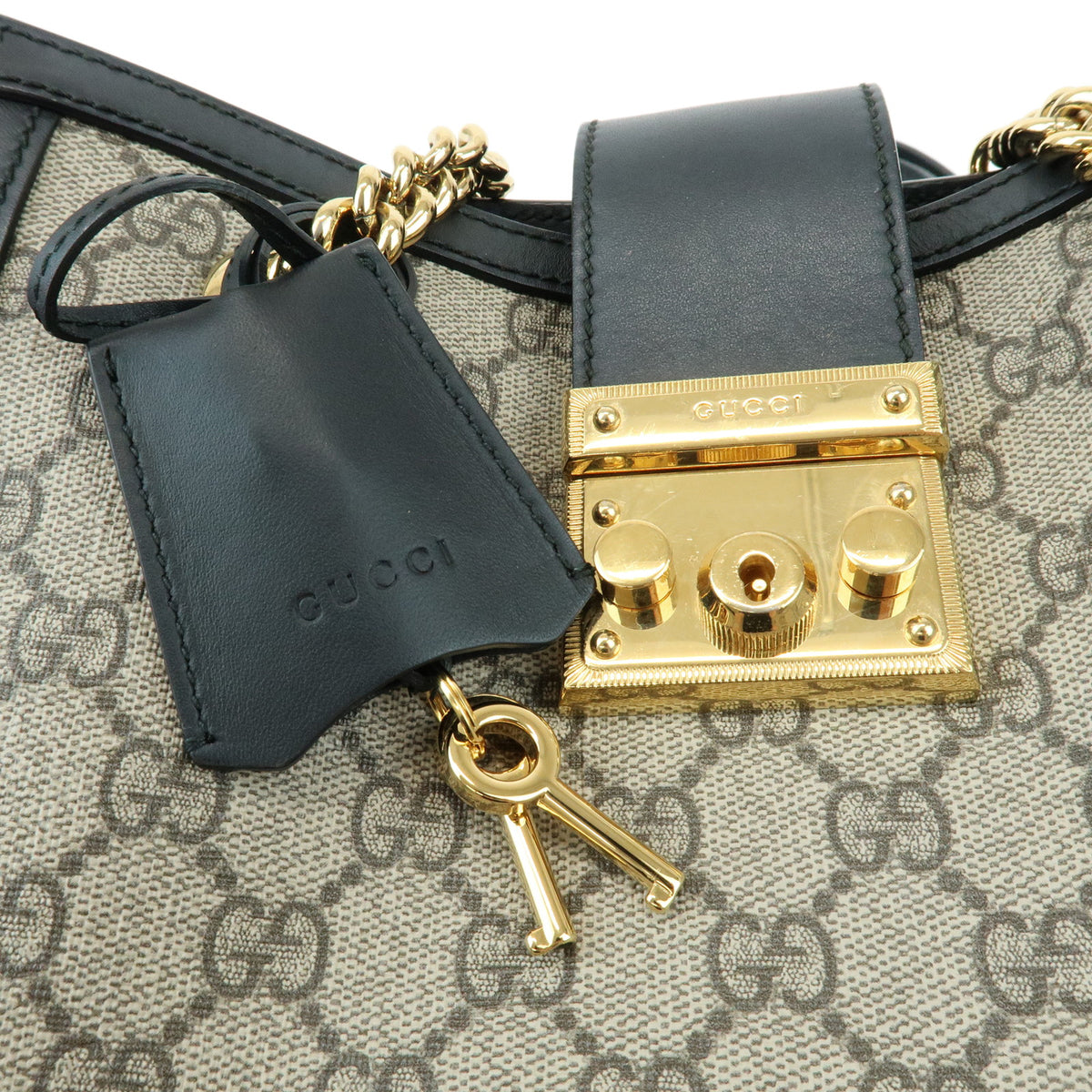 GUCCI Padlock GG Supreme Leather Chain Shoulder Bag Beige Black 498156