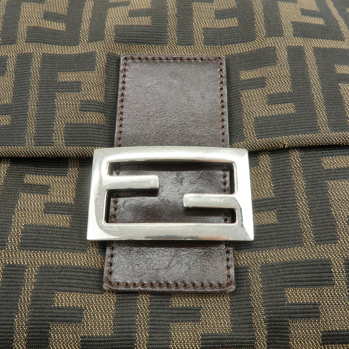 FENDI Mamma Baguette Zucca Canvas Leather Shoulder Bag Brown 26325