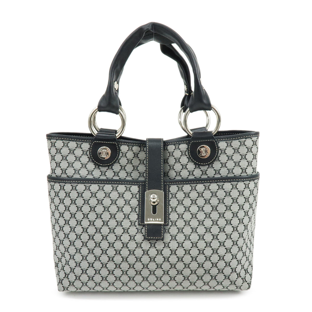 CELINE Macadam Canvas Leather Tote Bag Hand Bag Grey Black