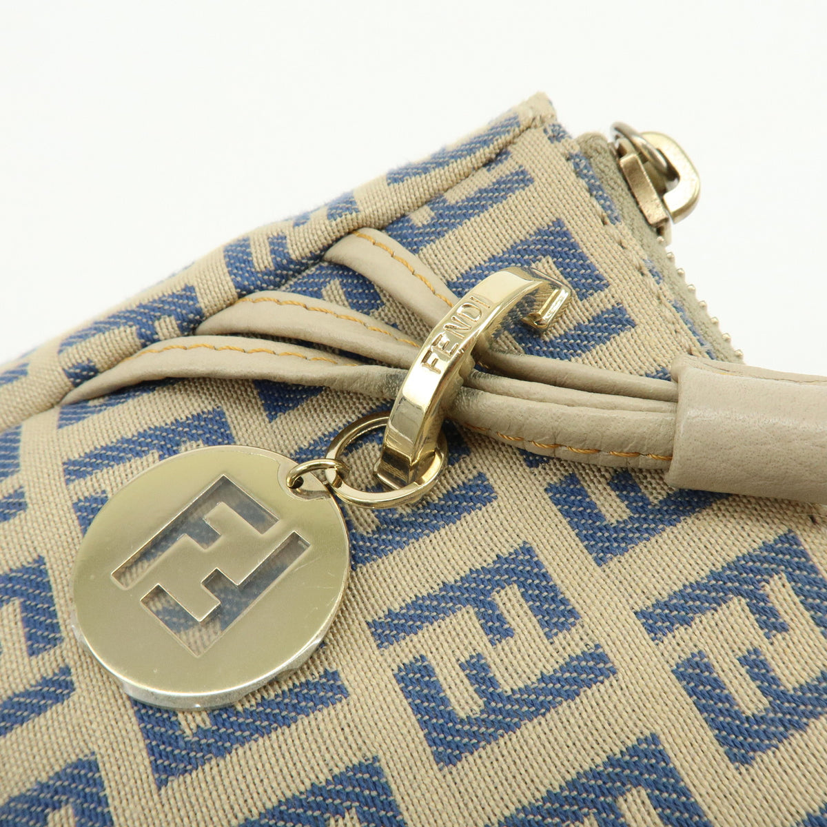 FENDI Zucchino Canvas Leather Mini Hand Bag Pouch Beige 8BR513