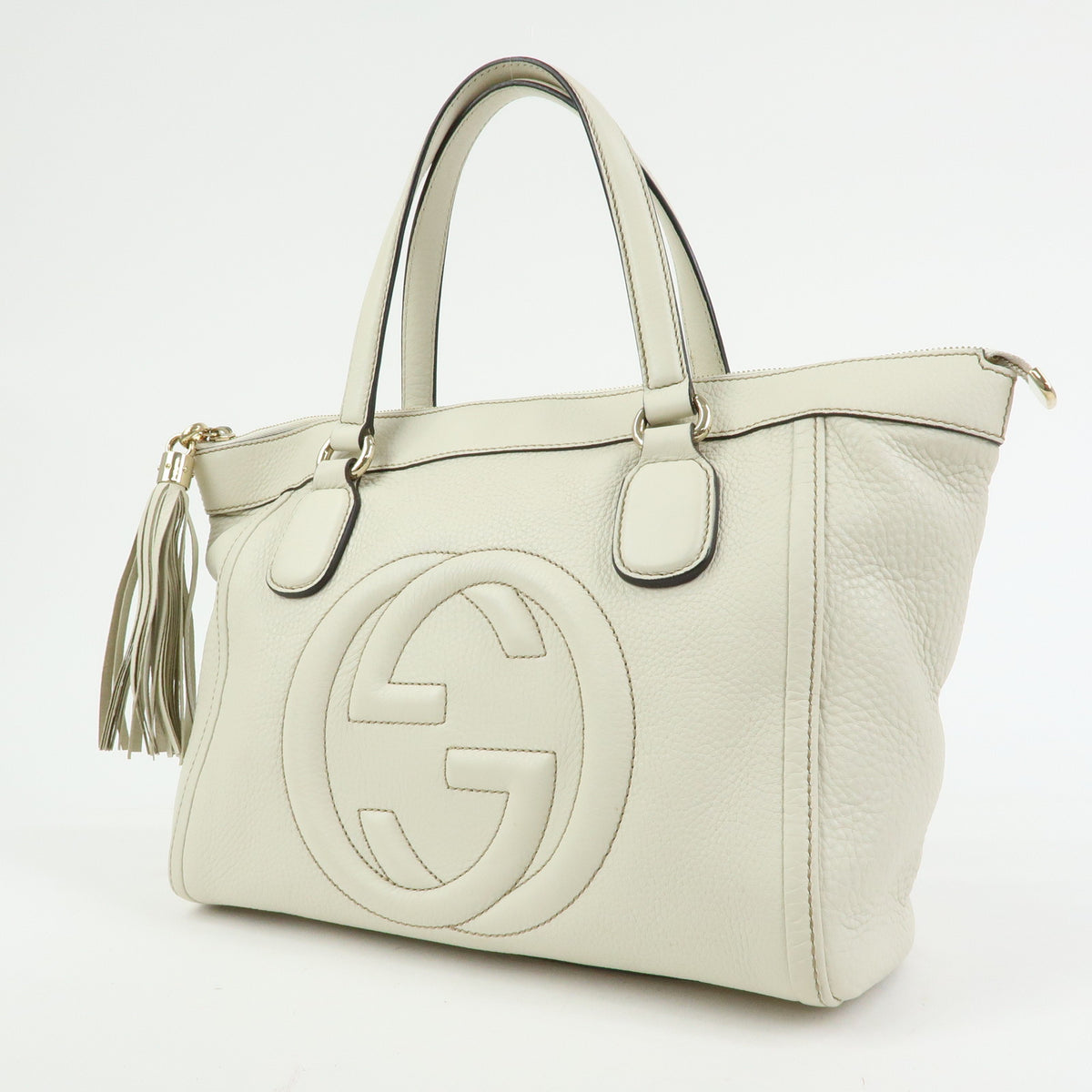 GUCCI Soho Interlocking G Leather Tote Bag Hand Bag Tassel Ivory 282307