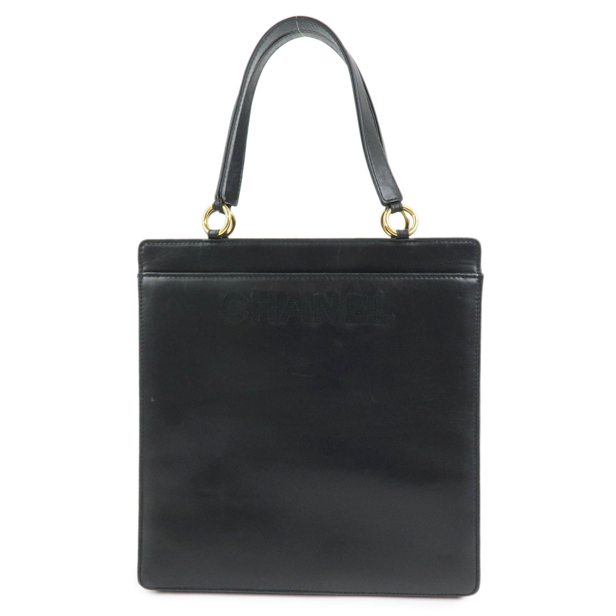 CHANEL Logo Lamb Skin Tote Bag Hand Bag Black