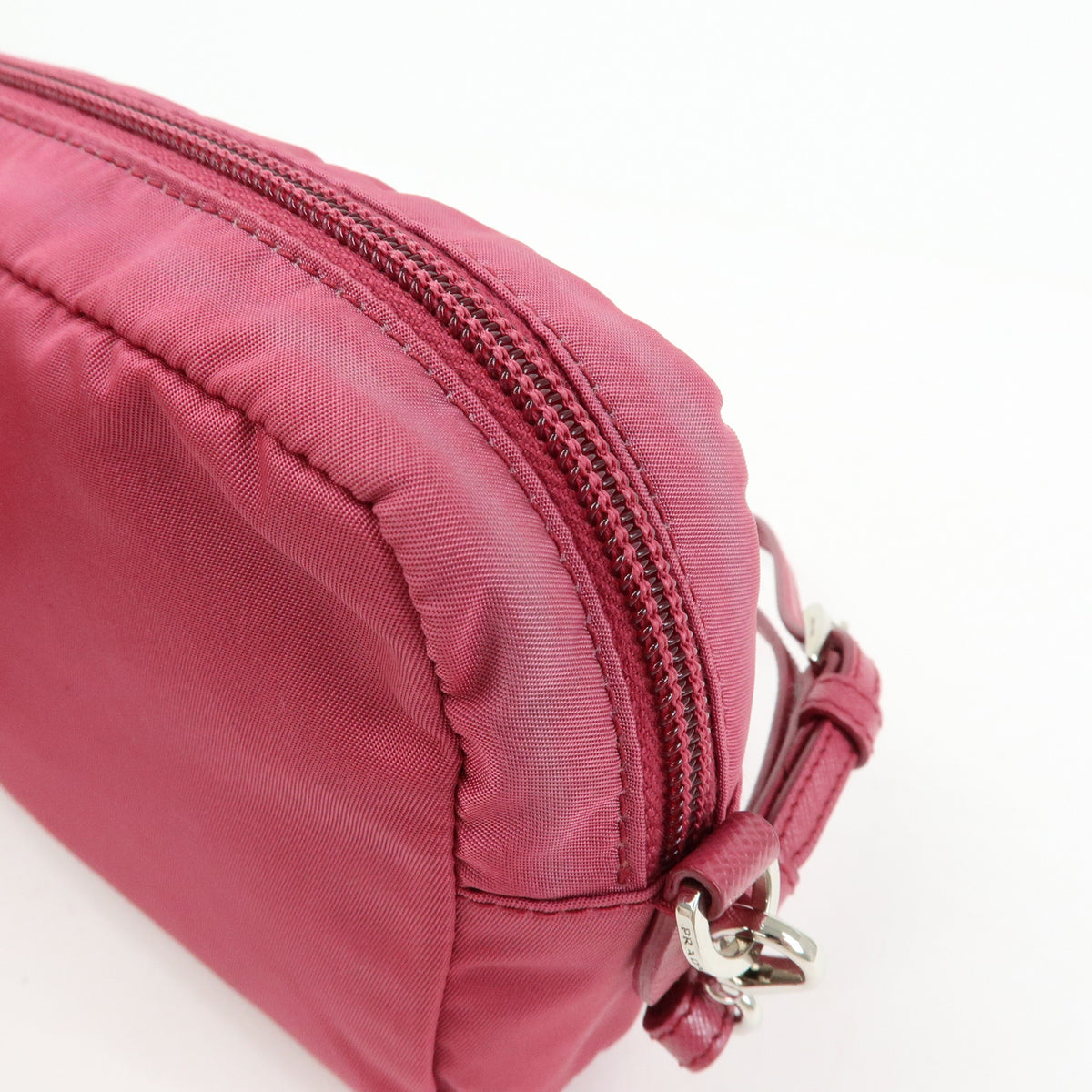 PRADA Triangle Logo Nylon Saffiano Leather Cosmetic Pouch Pink 1N0340