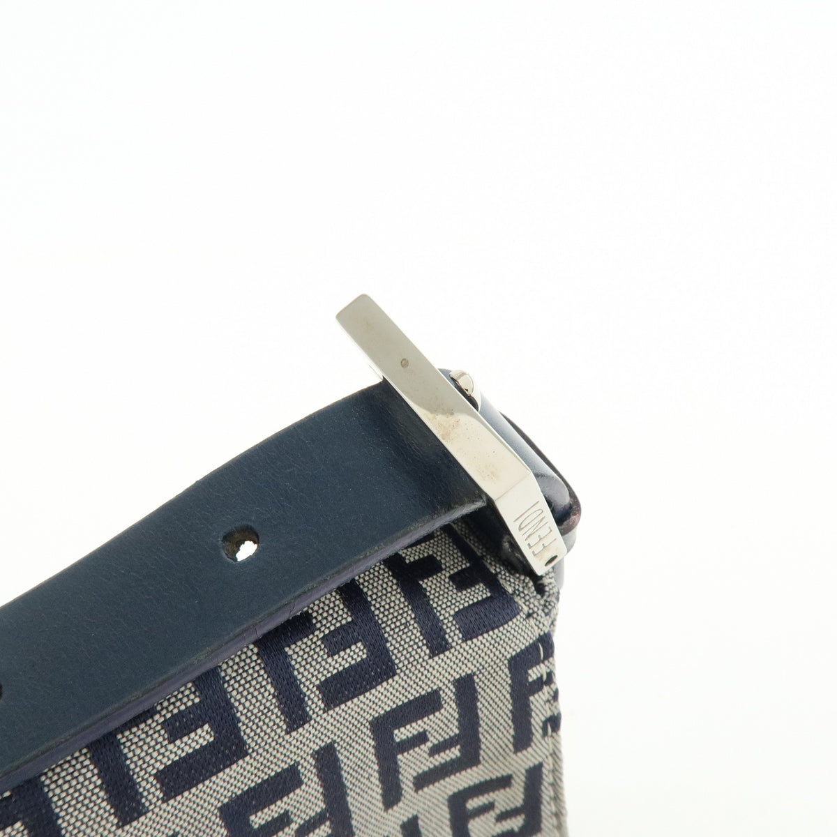 FENDI Mamma Baguette Zucchino Canvas Leather Shoulder Bag Navy 26424