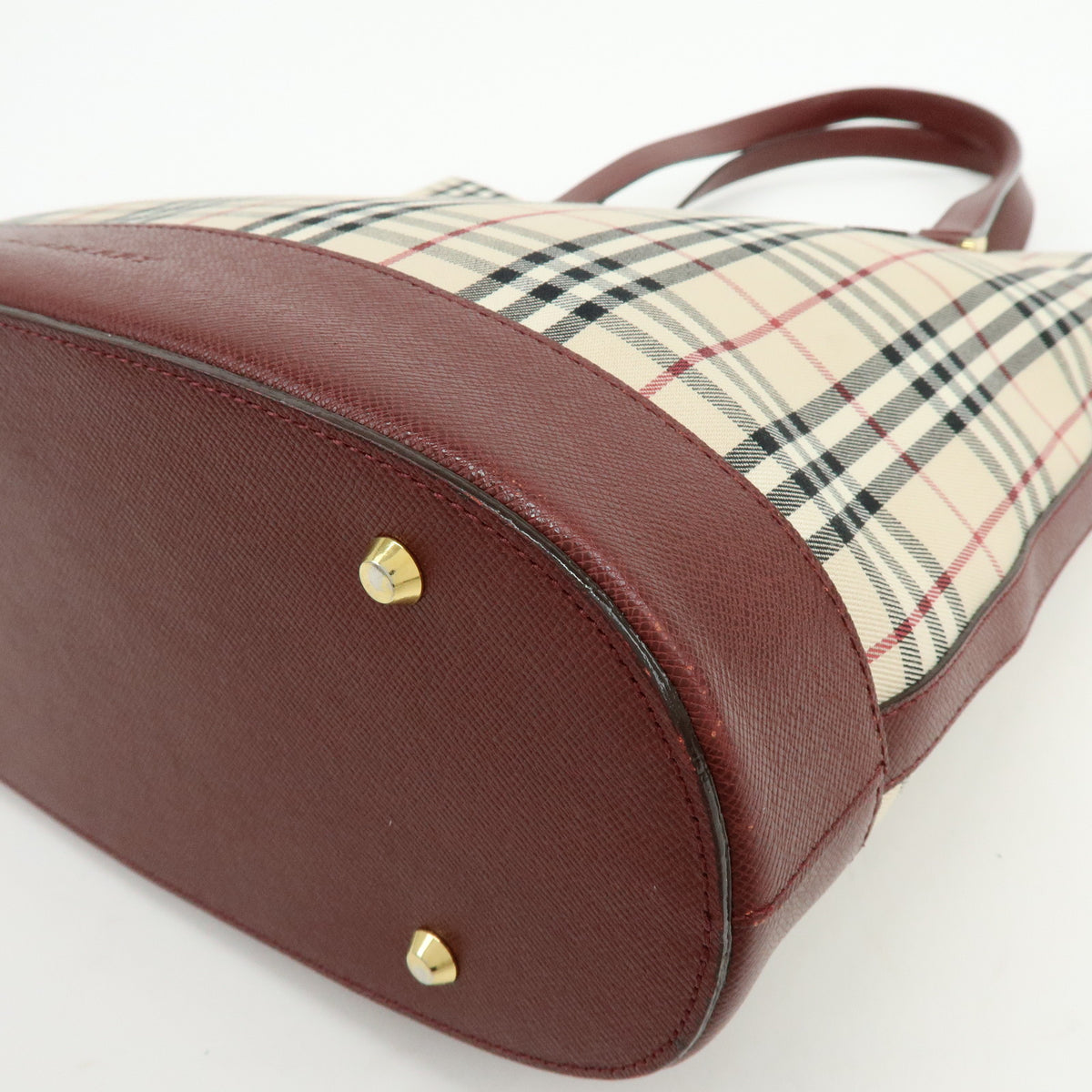 BURBERRY Nova Plaid Canvas Leather Tote Bag Shoulder Bag Beige Wine Red