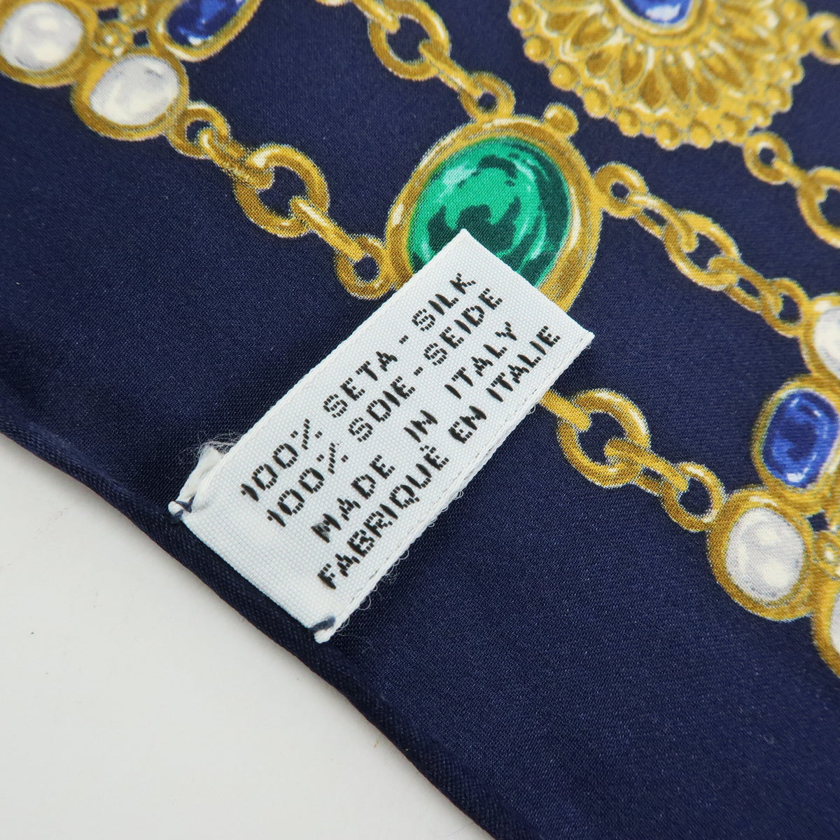 CHANEL Silk 100% Scarf Bijou Chain Print Navy Gold