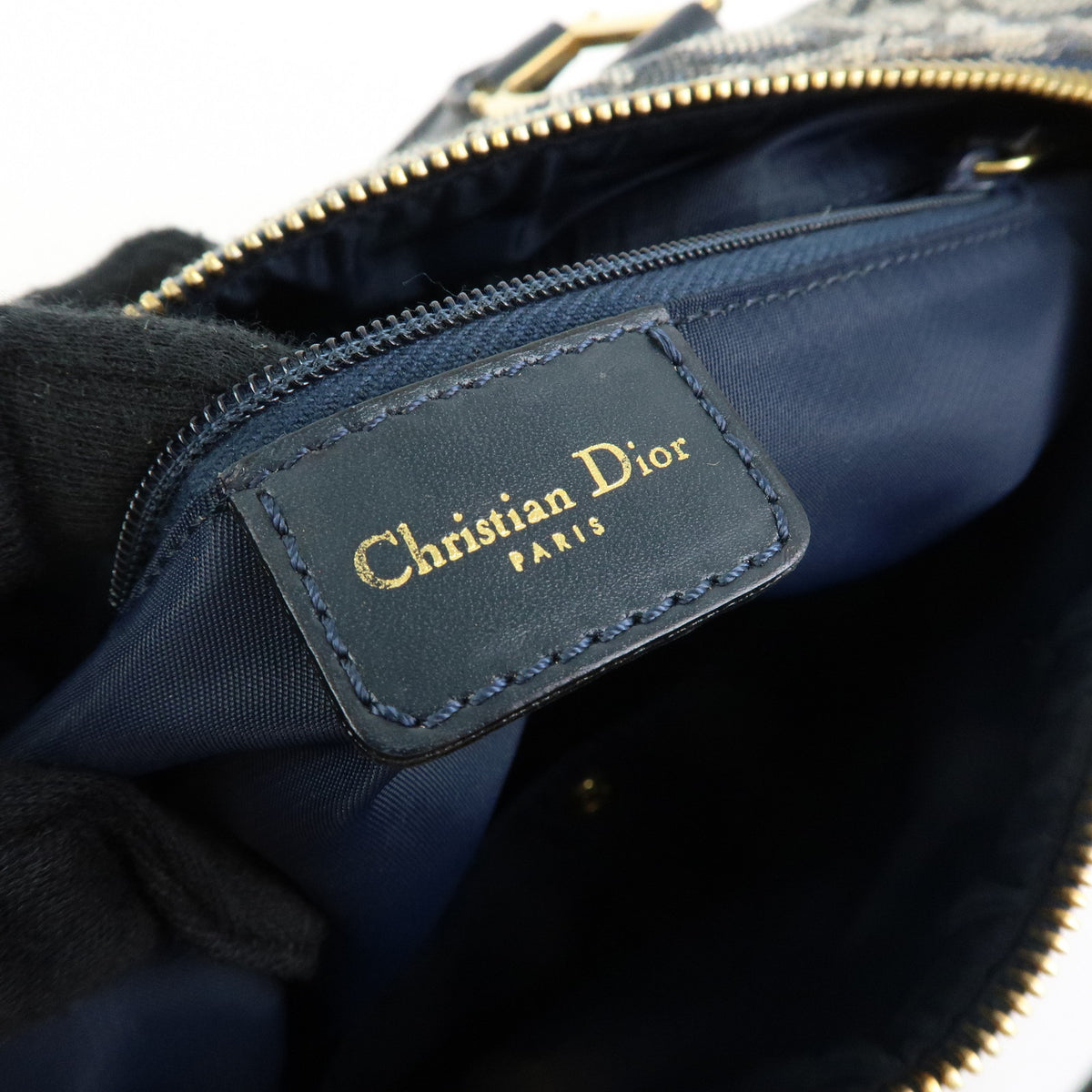 Christian Dior Trotter Jacquard Canvas Leather Boston Bag Hand Bag Navy