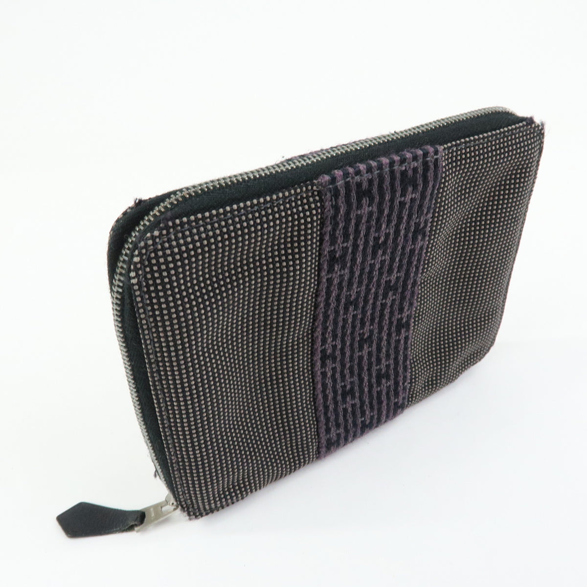 HERMES Herline Purse PM Nylon Canvas Leather Zip Wallet Grey Black