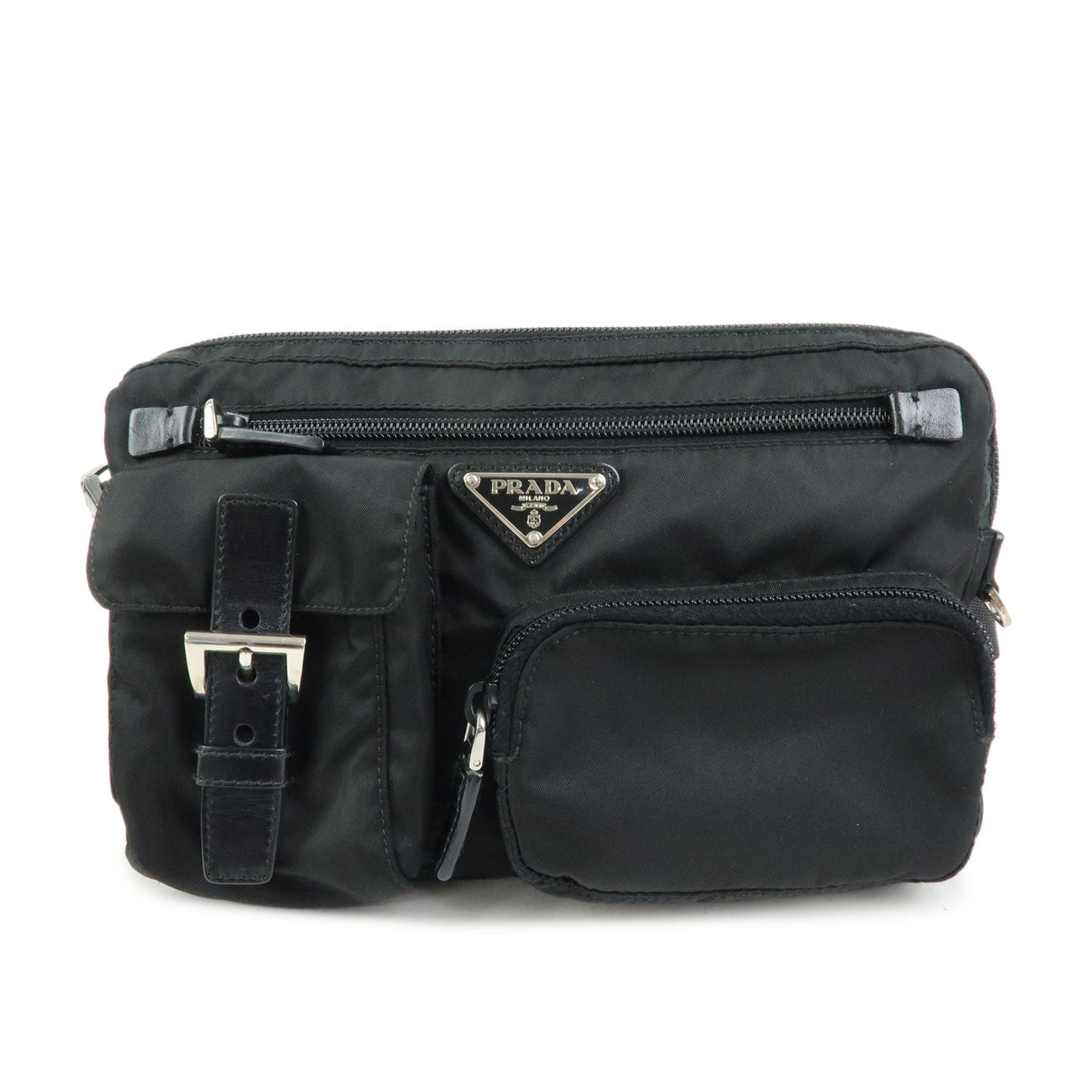 PRADA Triangle Logo Nylon Leather Waist Bag Body Bag Black BM0008