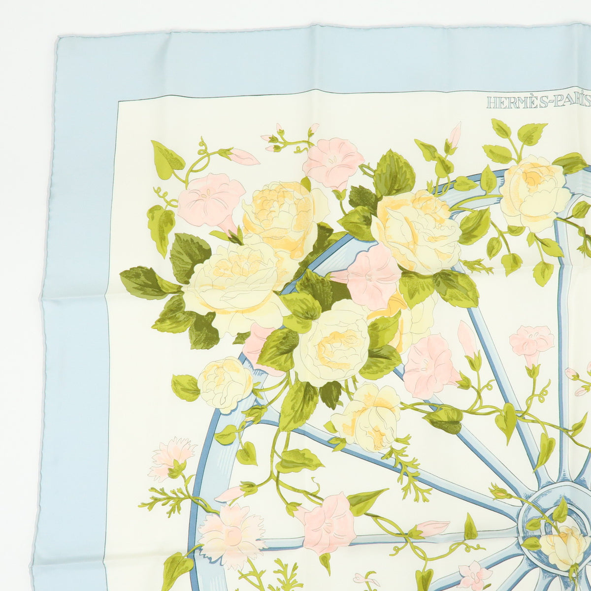 HERMES Carre 90 Silk 100% Scarf ROMANTIQUE Light Blue Light Green Pink