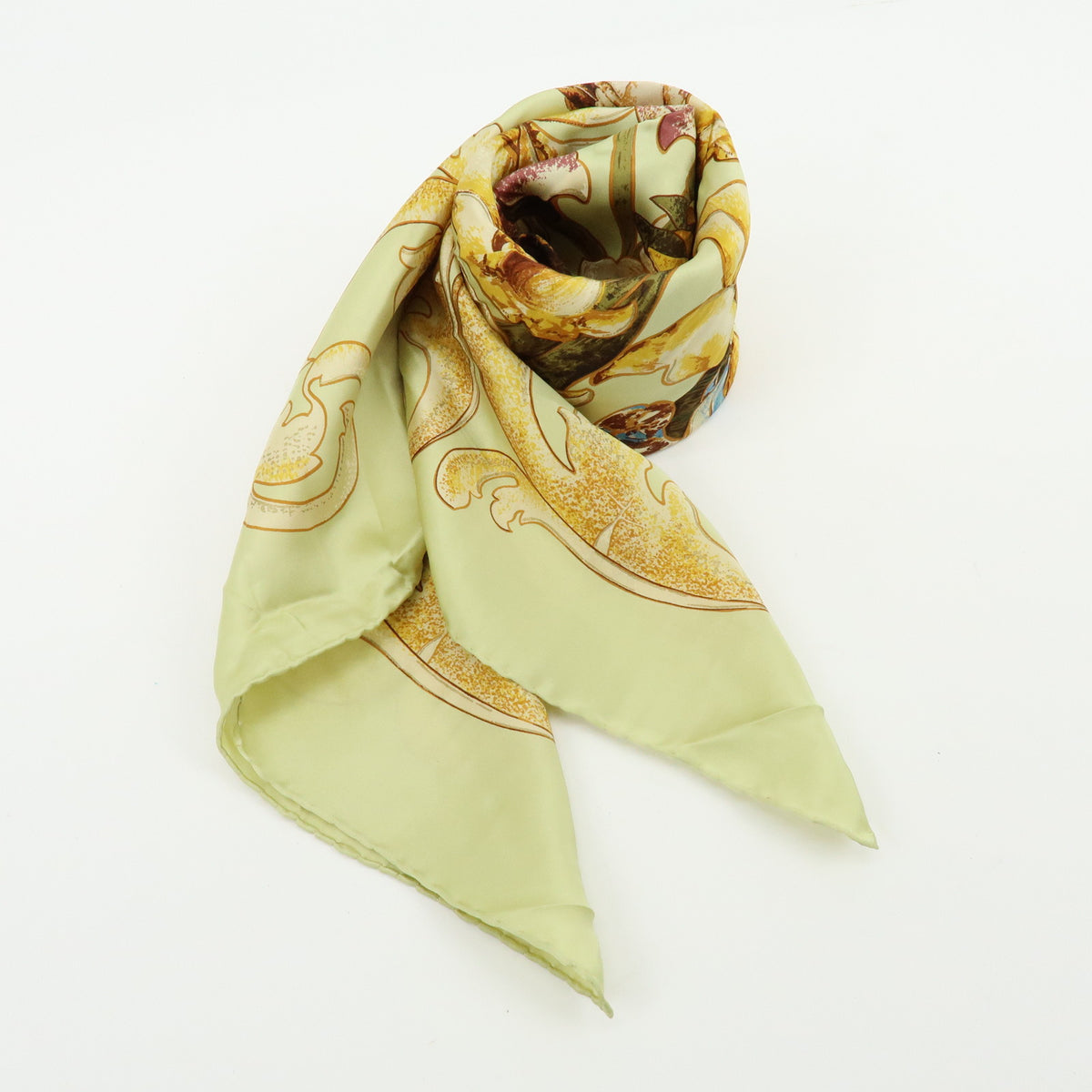 CHANEL Silk100% Sunflower Pattern Scarf Shawl Light Green