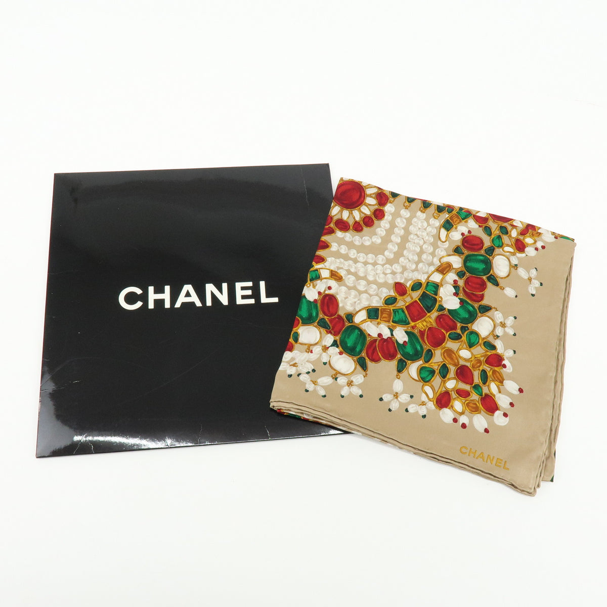 CHANEL COCO Mark Silk100% Jewelry Pattern Scarf Brown Red
