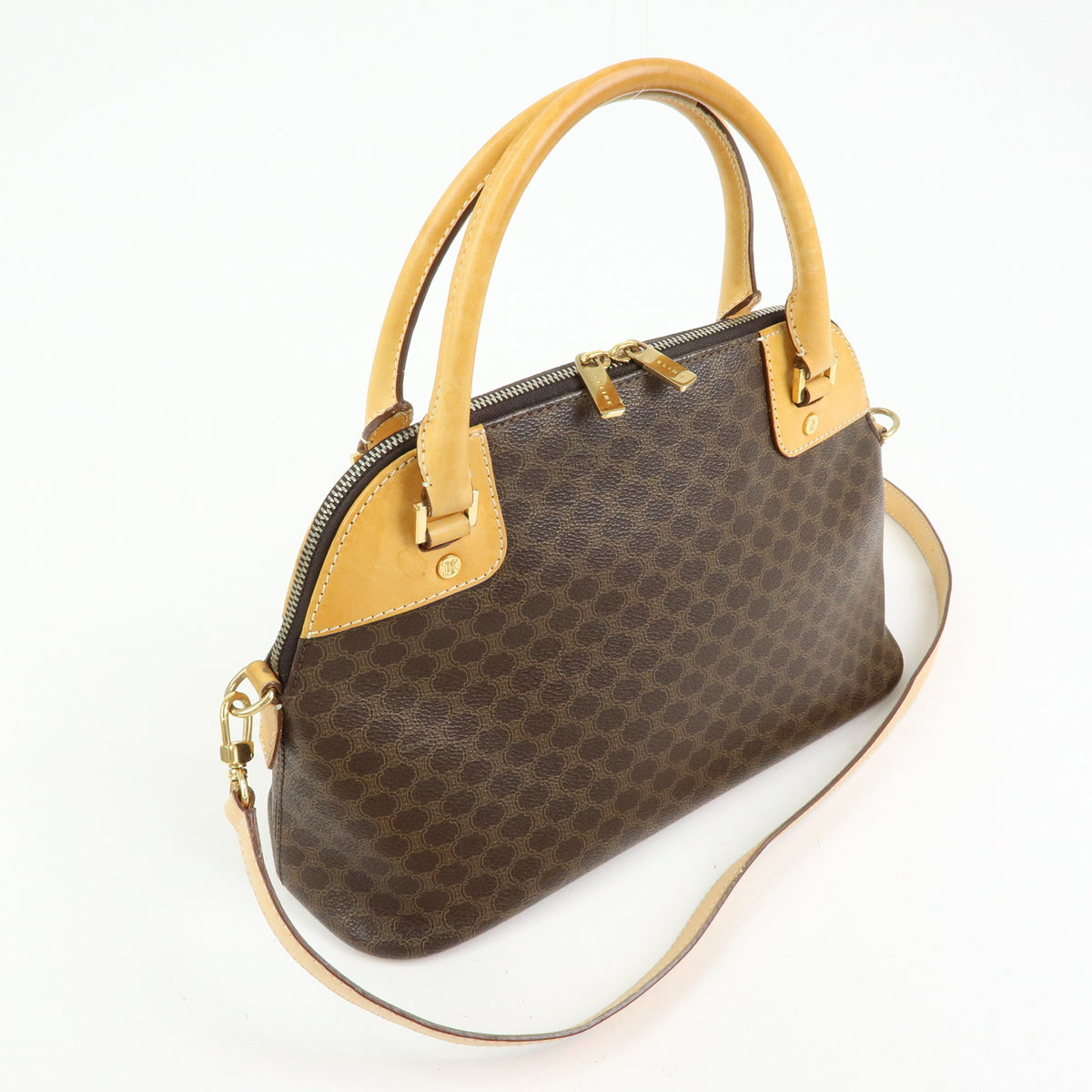 CELINE Macadam PVC Leather 2Way Bag Hand Bag Shoulder Bag Brown Beige