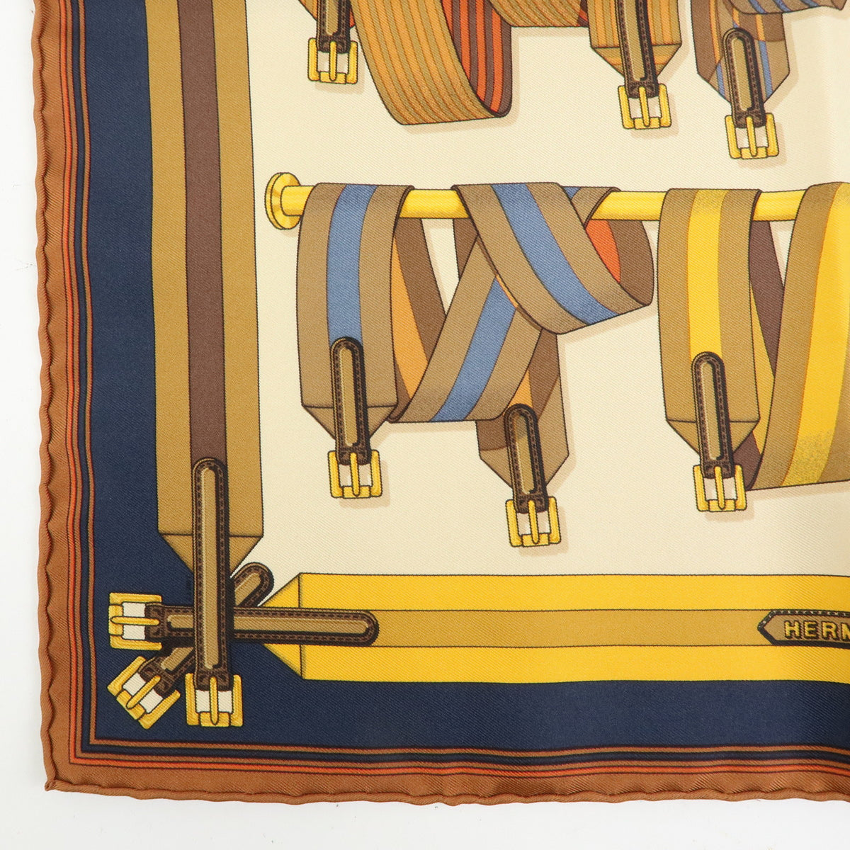 HERMES Carre 42 Silk 100% Scarf LES SANGLES Orange Brown Yellow