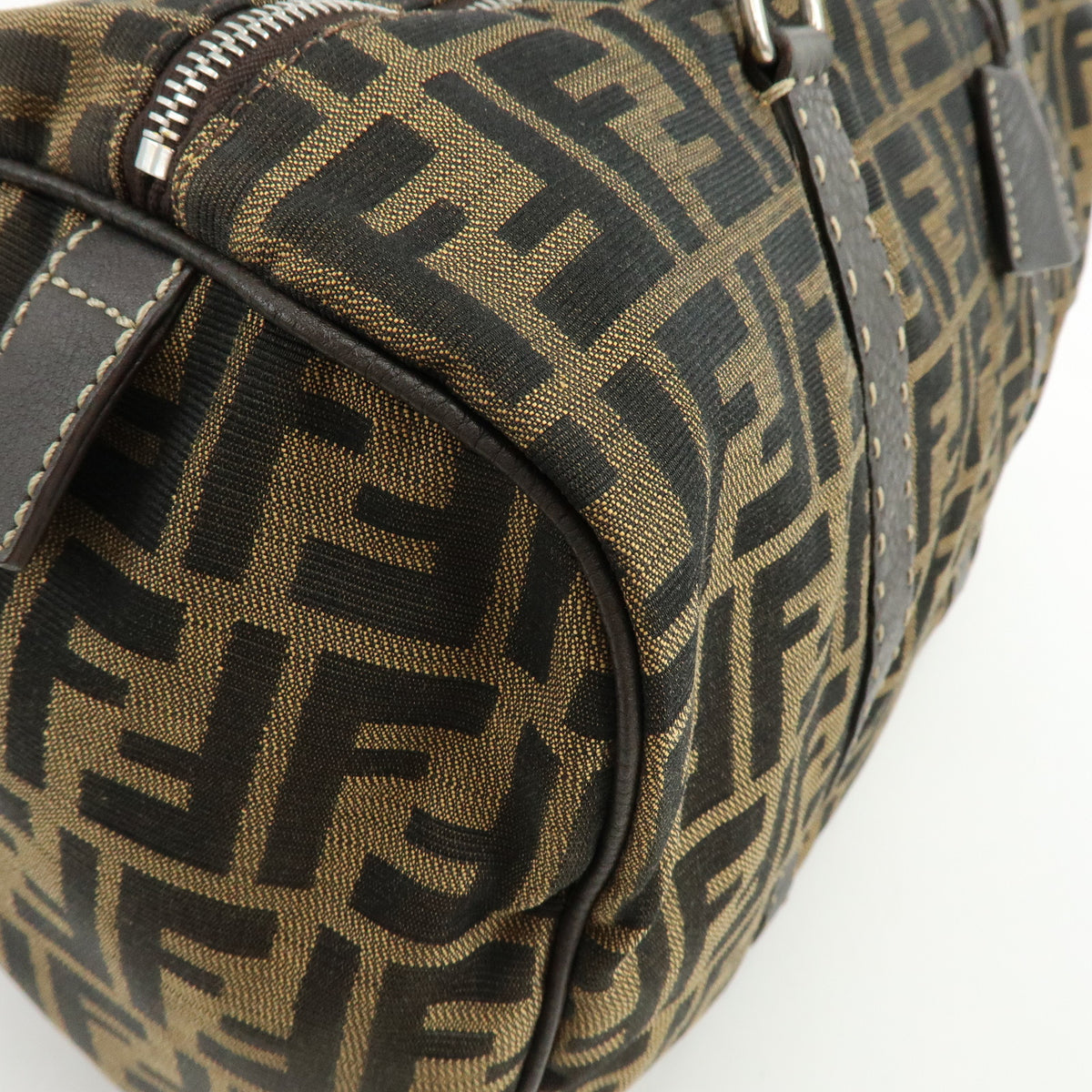 FENDI Zucca Selleria Jacquard Leather Shoulder Bag Boston Bag Brown