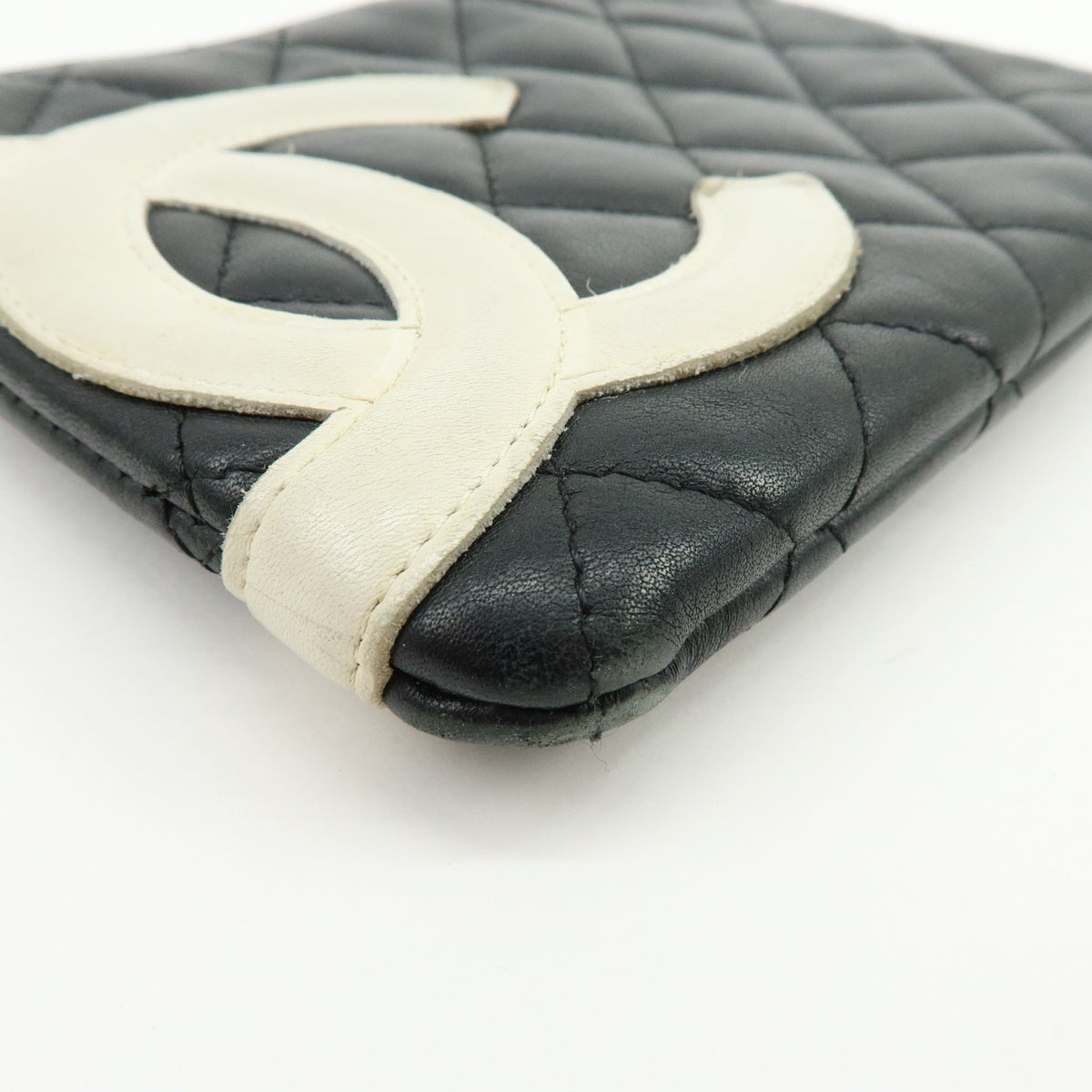 CHANEL Cambon Line COCO Mark Calf Skin Cosmetic Pouch Black White