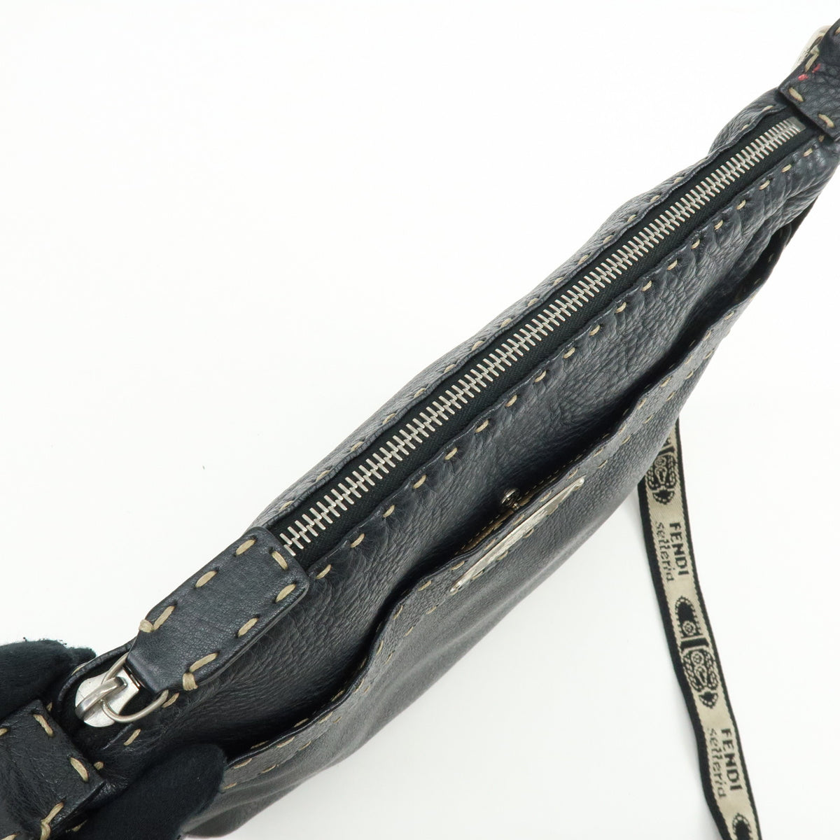 FENDI Logo Selleria Leather Shoulder Bag Crossbody Bag Black 8BT109