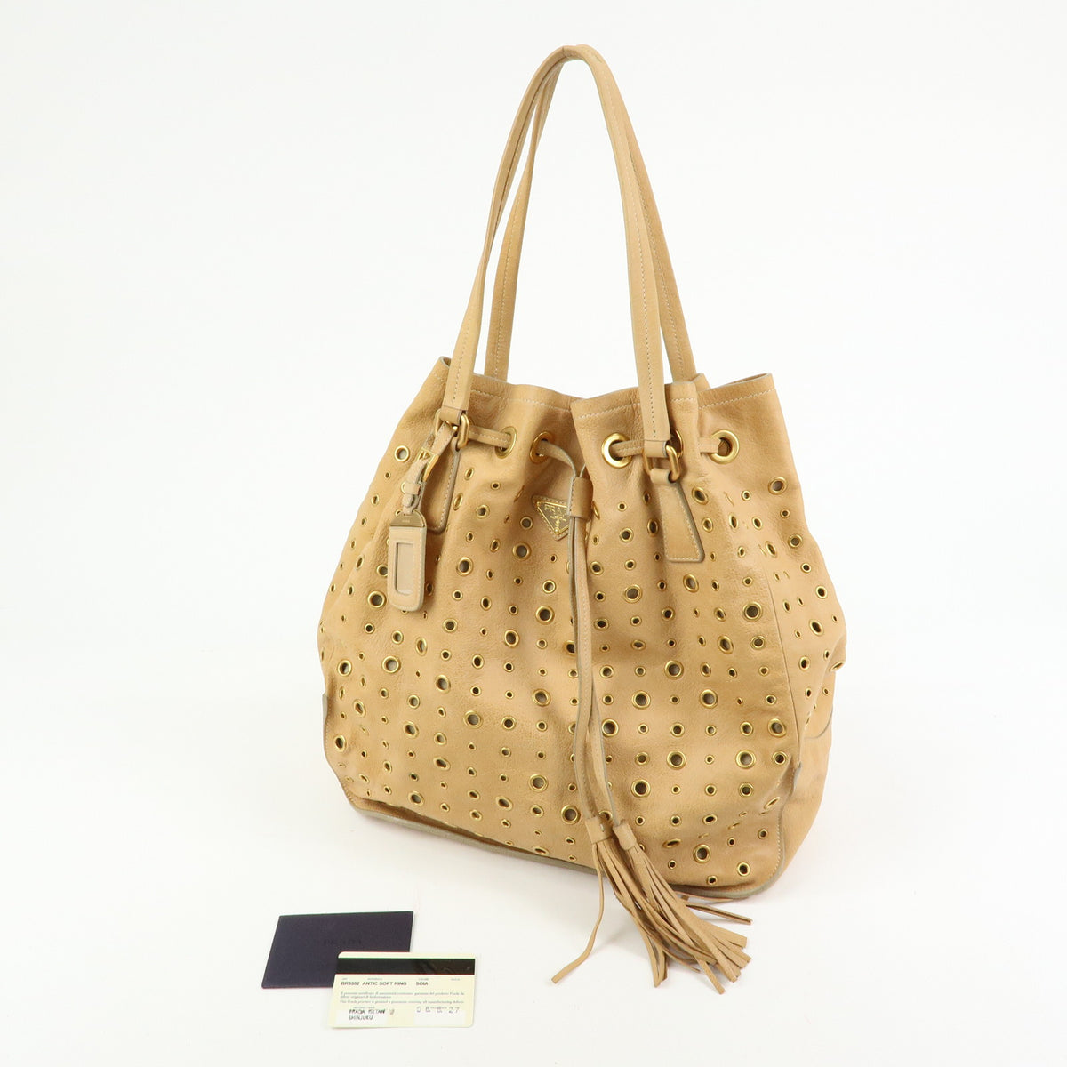 PRADA Triangle Logo Perforated Leather Tote Bag Tassel Beige BR3552