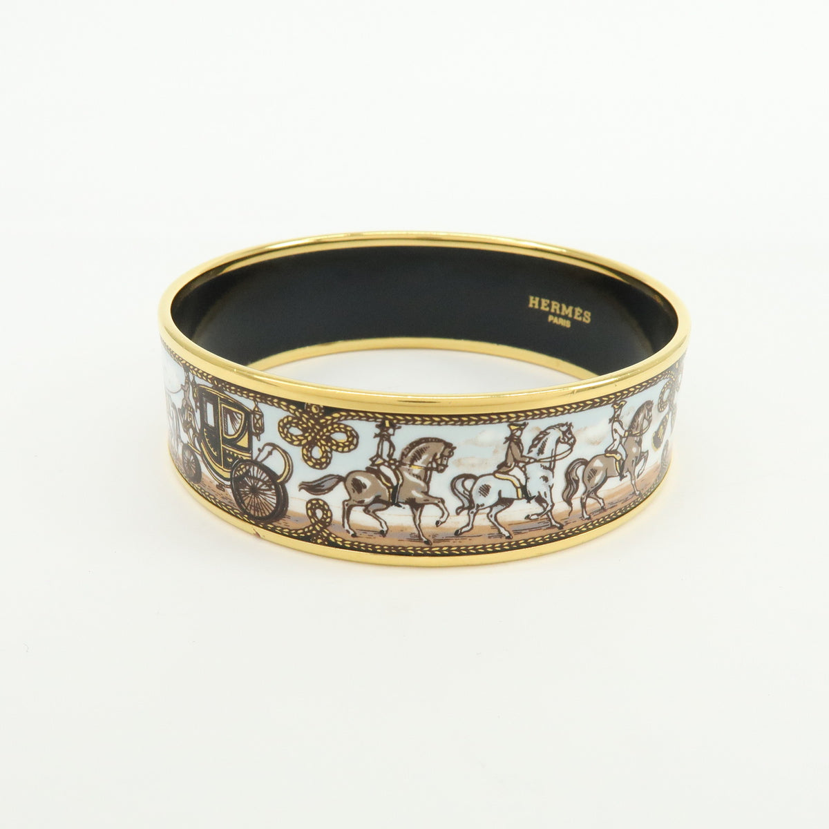 HERMES Email GM Gold Plated Bangle Bracelet Carriage Light Blue White