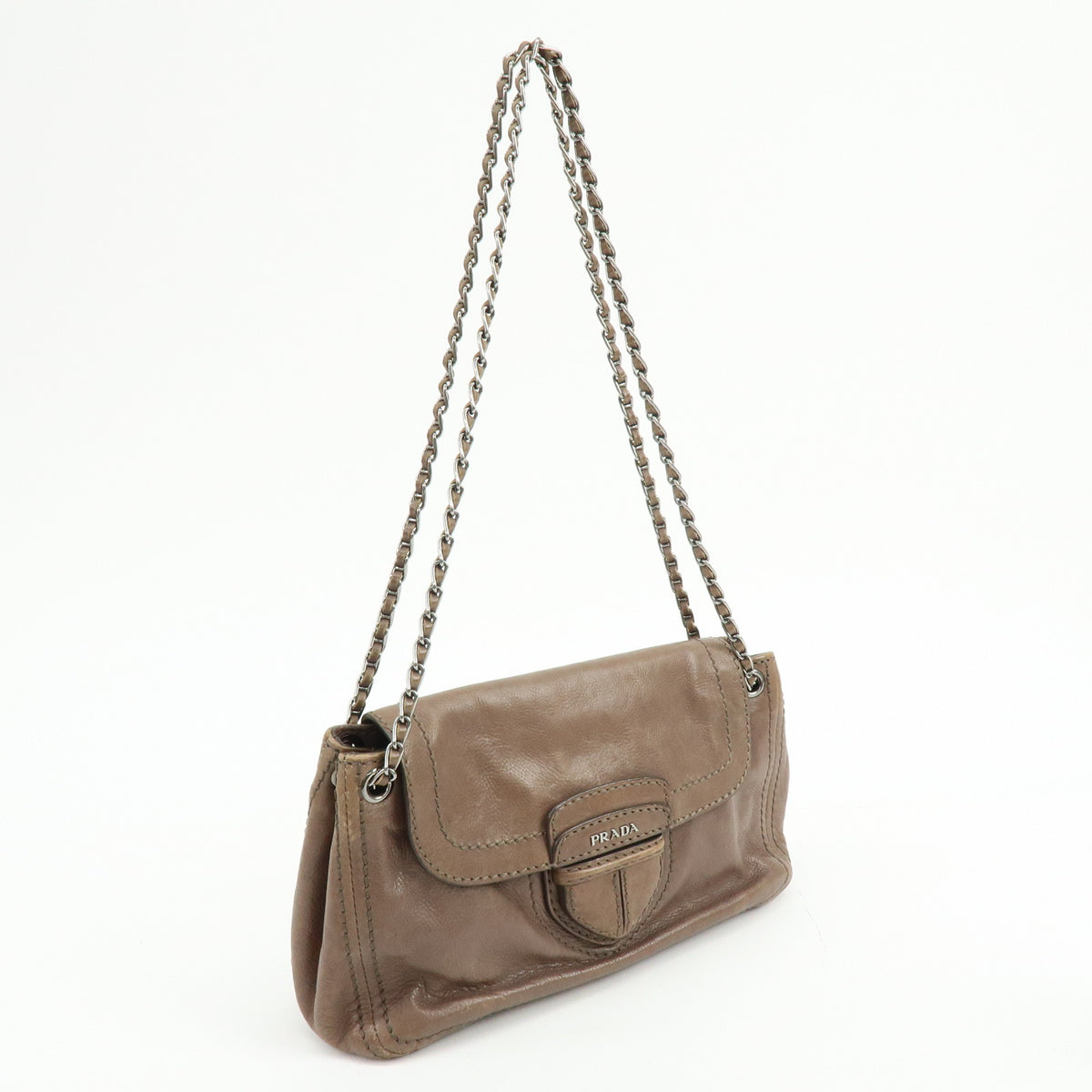 PRADA Logo Leather Flap Chain Shoulder Bag Hand Bag Greige B4659C