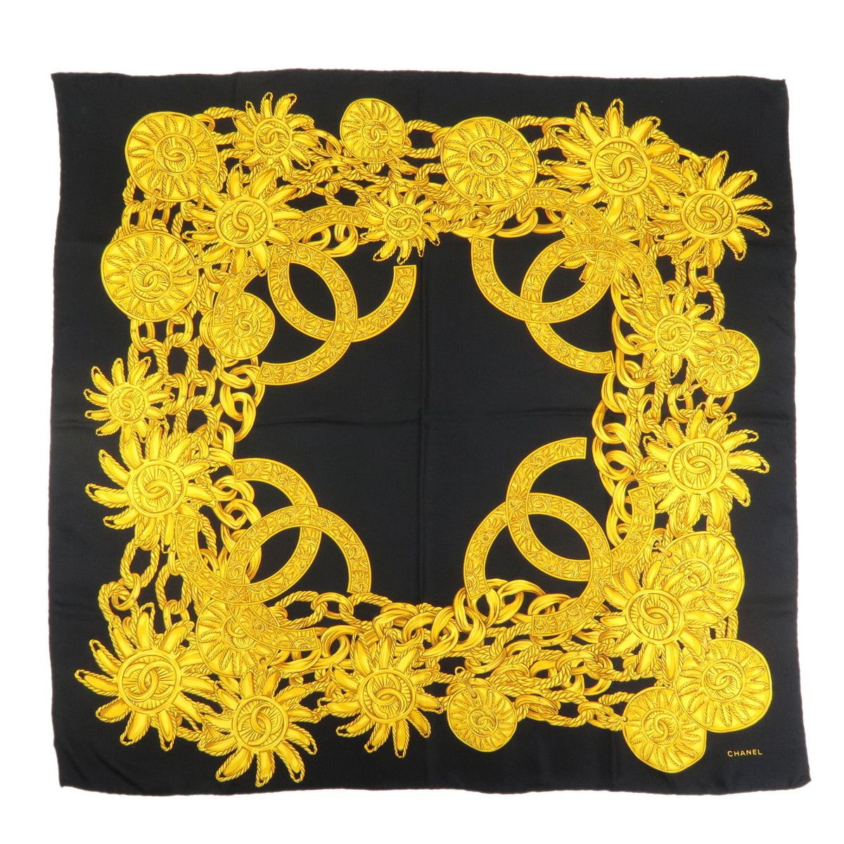 CHANEL COCO Mark Silk 100% Scarf Chain Black Gold