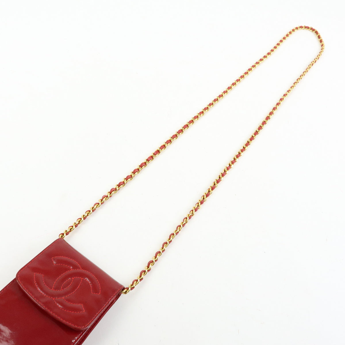 CHANEL COCO Mark Patent Leather Chain Shoulder Bag Phone Case Red Gold