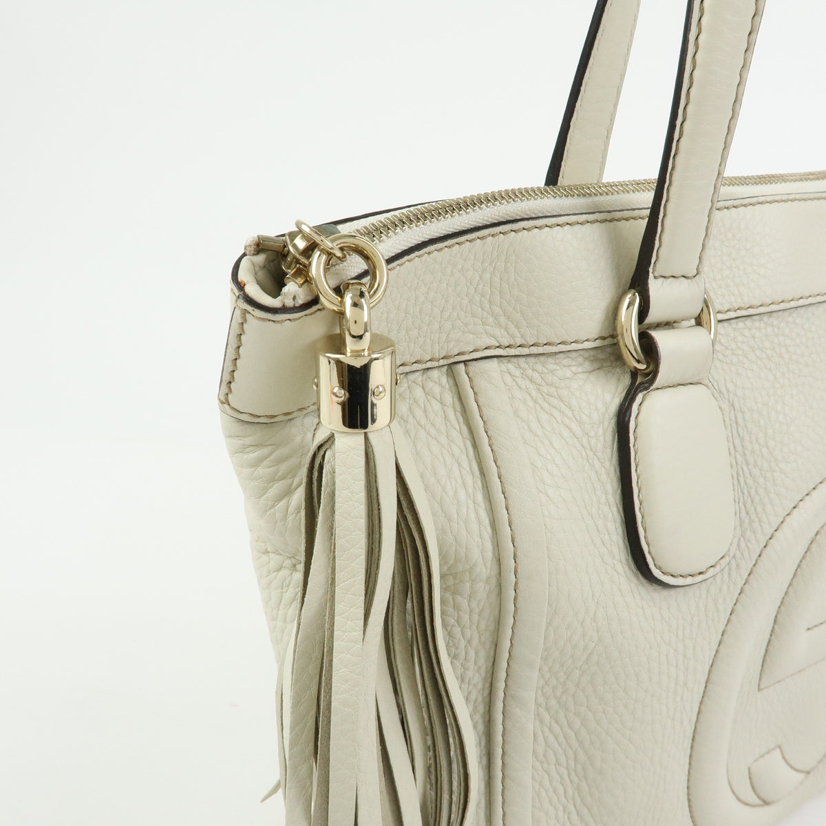GUCCI Soho Interlocking G Leather Tote Bag Hand Bag Tassel Ivory 282307