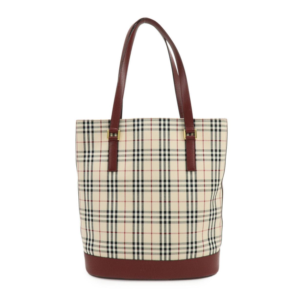BURBERRY Nova Plaid Canvas Leather Tote Bag Shoulder Bag Beige Wine Red