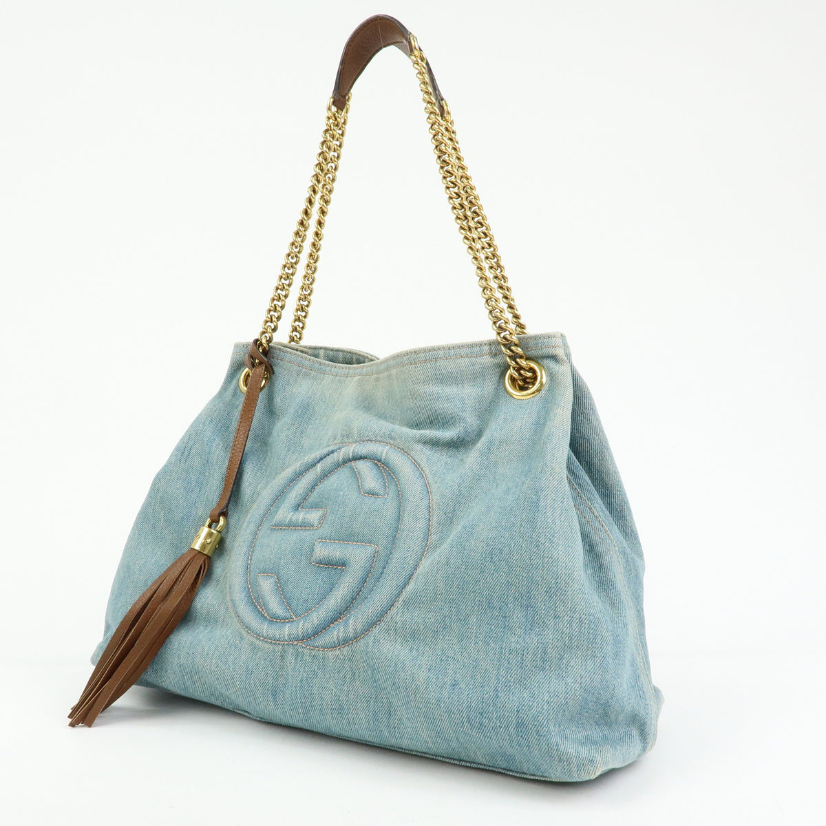 GUCCI SOHO Interlocking G Denim Leather Chain Shoulder Bag Blue 308982