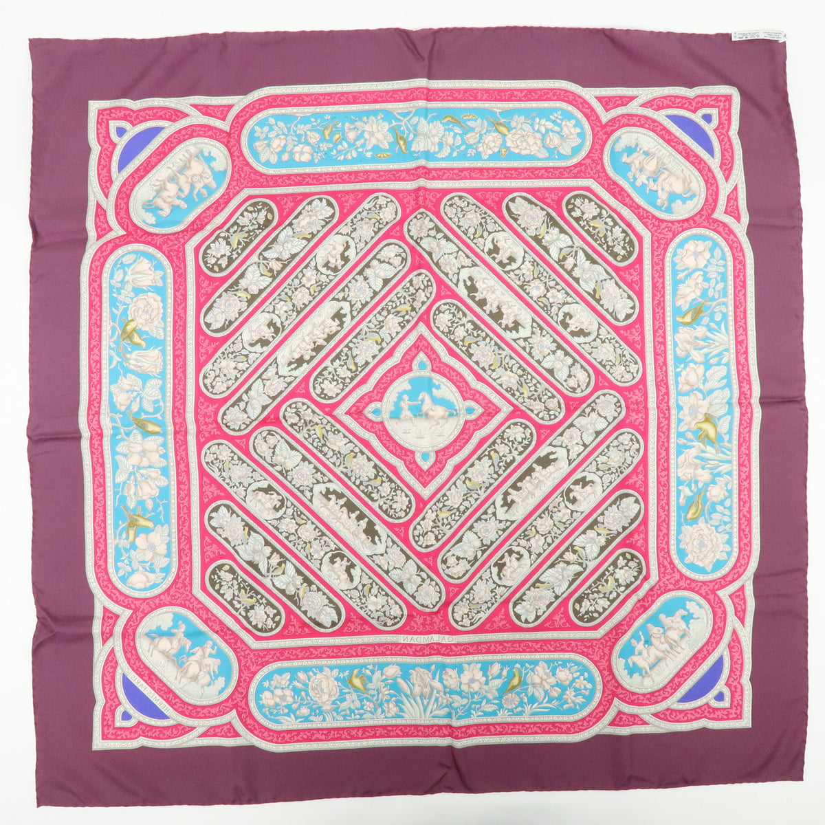 HERMES Carre 90 Silk 100% Scarf QALAMDAN Purple Brown Blue